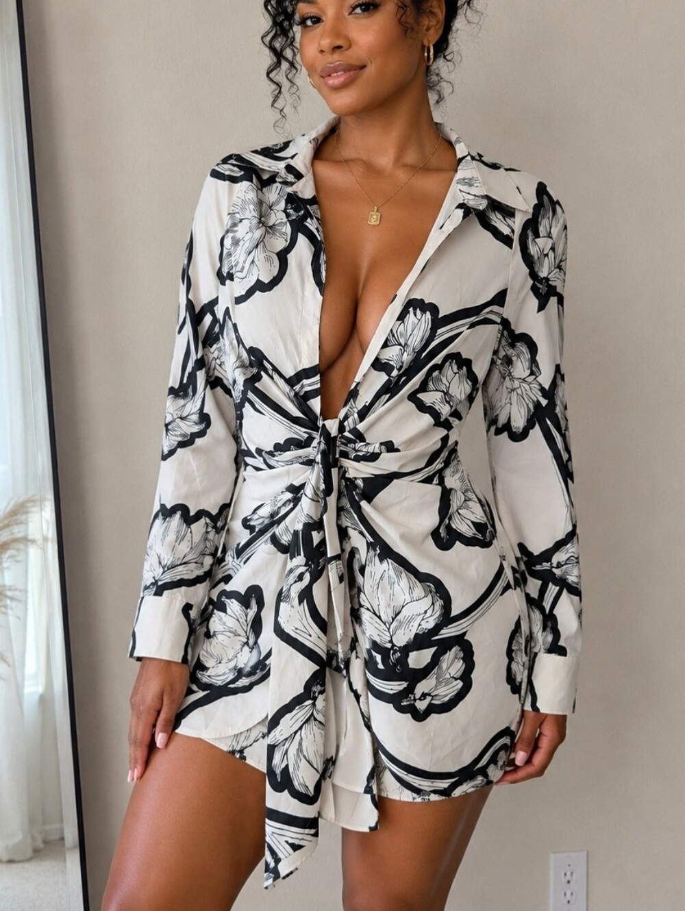 AKIRA Sexy Black & Off White Floral Ruched Deep VMini Dress